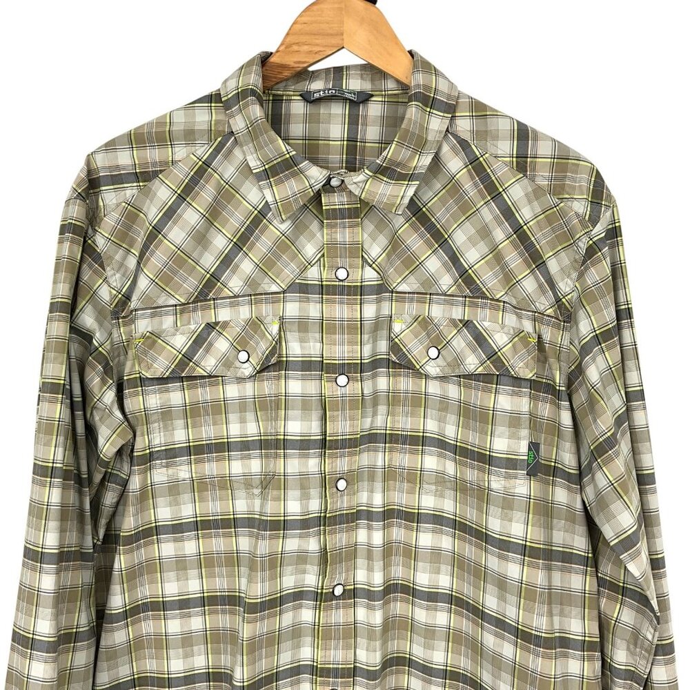 Stio Eddy Tech Shirt Mens Large Beige Plaid Long Sleeve Pearl Snap UPF 50+ - Picture 2 of 11